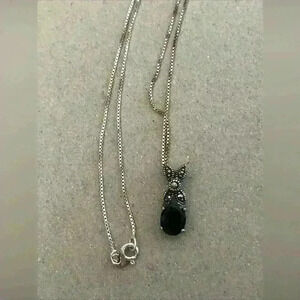 JC Sterling Silver Marcasite & Black Tourmaline Pendant Necklace 925 1.8g .75 In